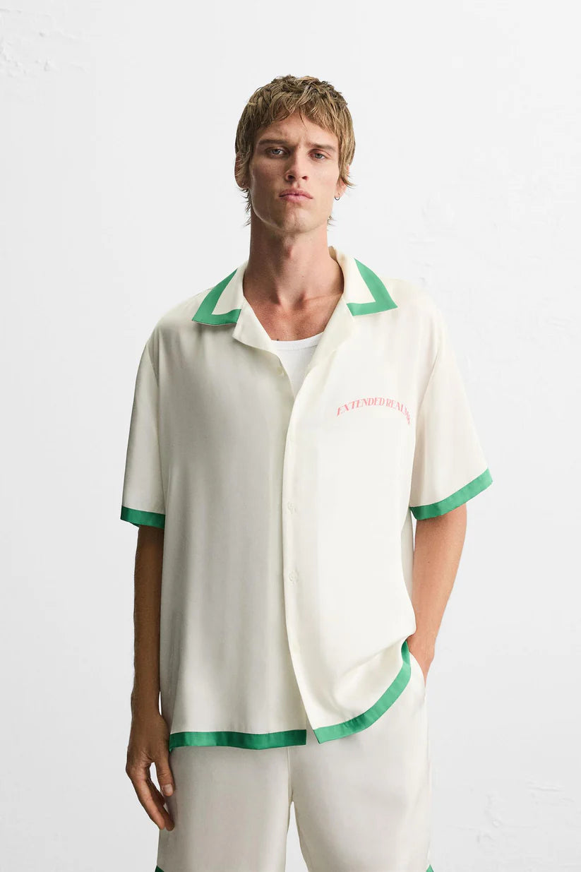 Contrast Stripe Satin Shirt - Green