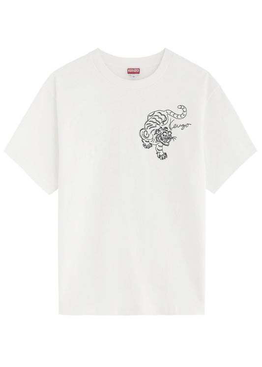 Tiger Embroidered Cotton T-shirt White