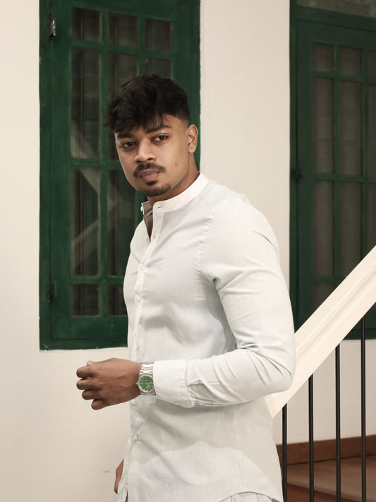 Mandarin Neck Shirt – Turquoise With White Neck