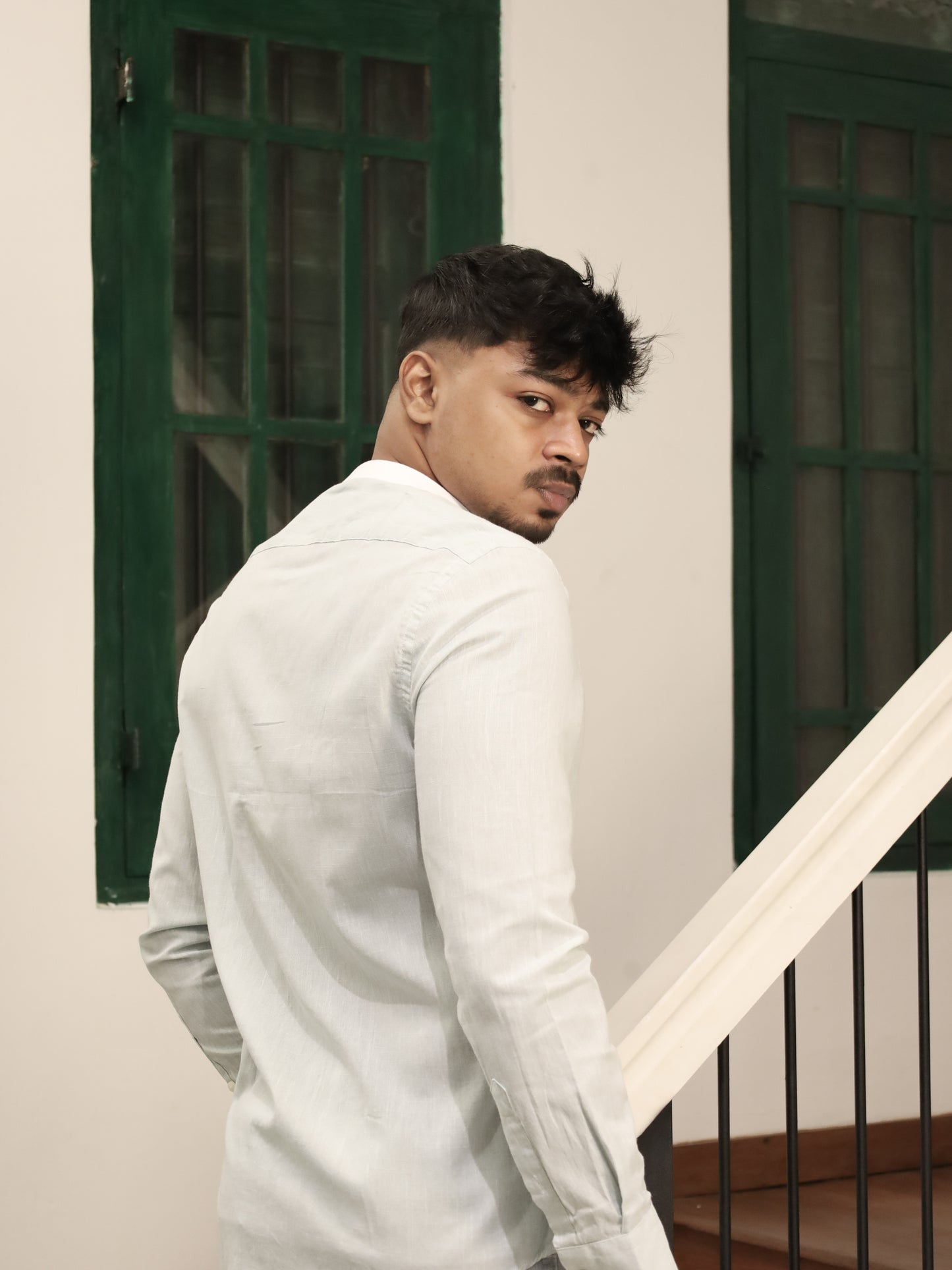 Mandarin Neck Shirt – Turquoise With White Neck