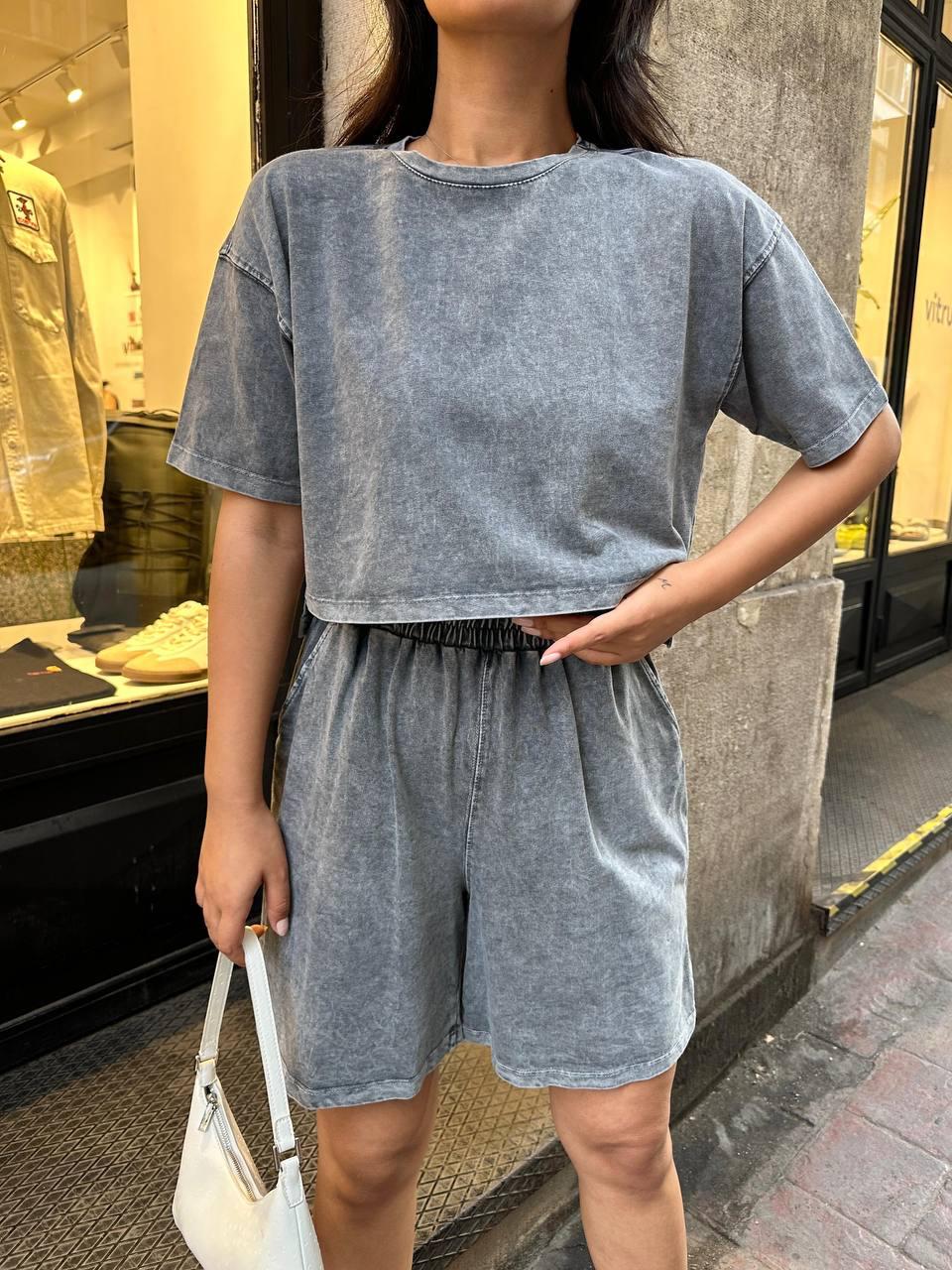 Acid Wash Boxy Crop And Sweat Short Set