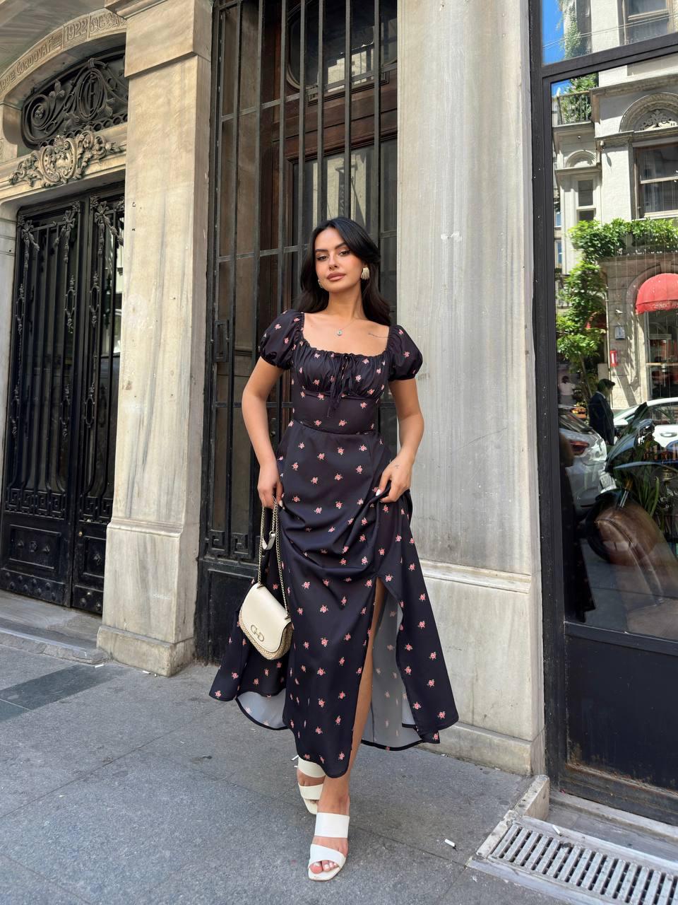 Floral Puff-Sleeve Maxi Dress – Black