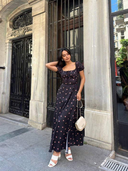 Floral Puff-Sleeve Maxi Dress – Black