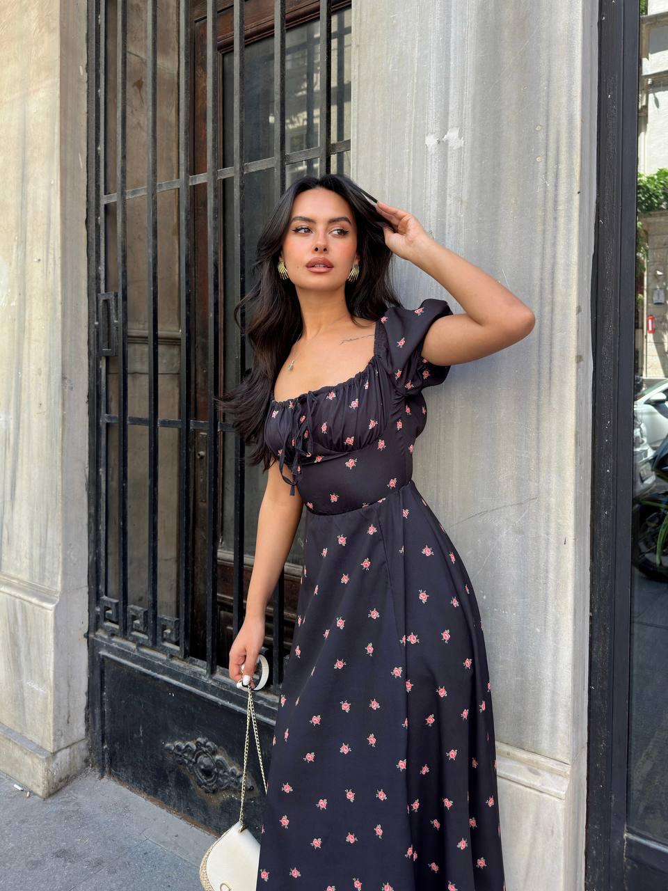 Floral Puff-Sleeve Maxi Dress – Black