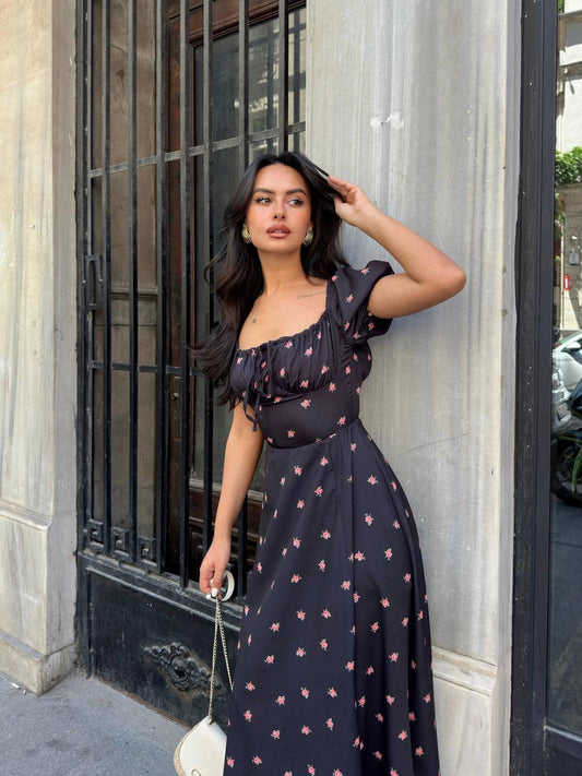 Floral Puff-Sleeve Maxi Dress – Black