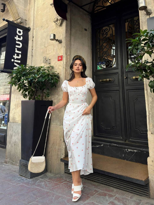 Floral Puff-Sleeve Maxi Dress – White