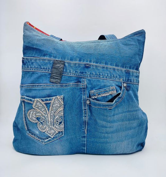 Embroidered Pocket Denim Tote Bag and Reversible Option