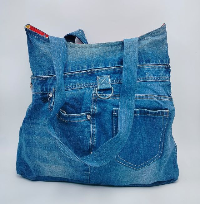 Embroidered Pocket Denim Tote Bag and Reversible Option