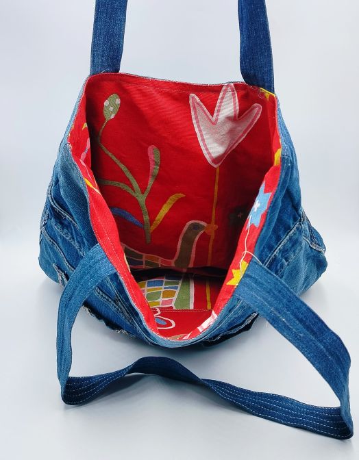 Embroidered Pocket Denim Tote Bag and Reversible Option