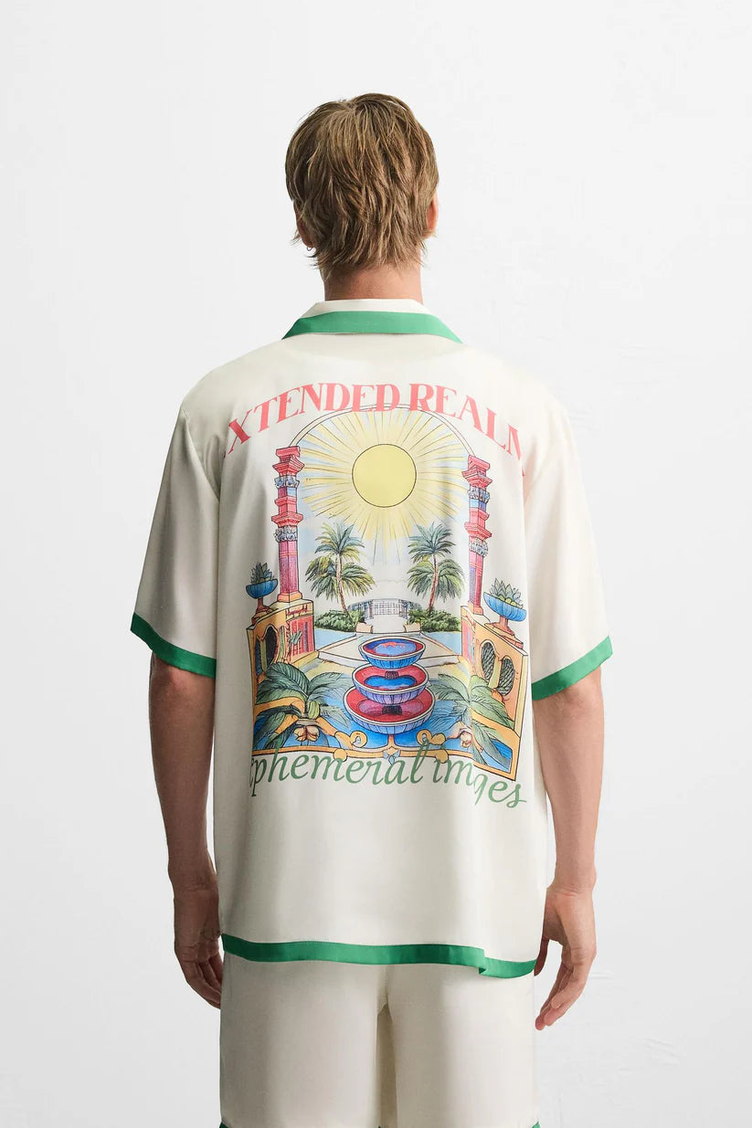 Contrast Stripe Satin Shirt - Green